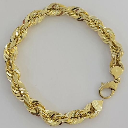 10mm 10k Yellow Gold Rope Bracelet Mens 9" Diamond Cut Real Solid Link 10KT Gold