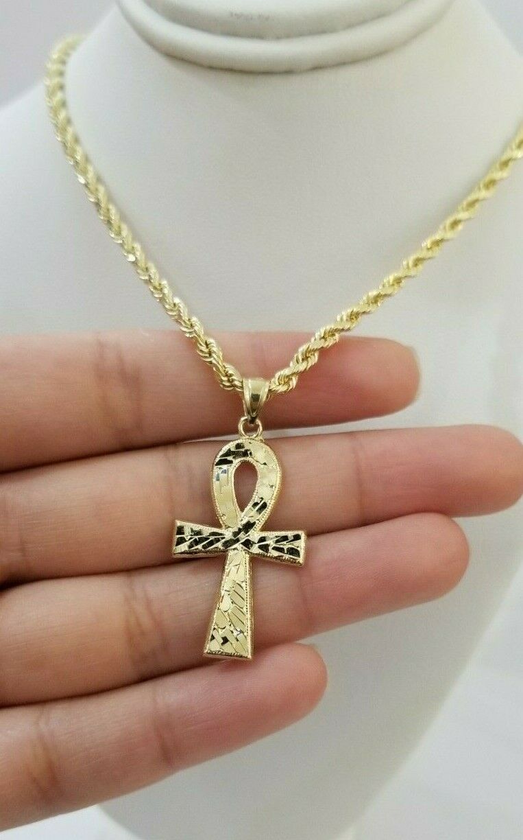 REAL 10k Yellow Gold Rope Chain Ankh Cross Charm Pendant 3mm Necklace Set 16-28"