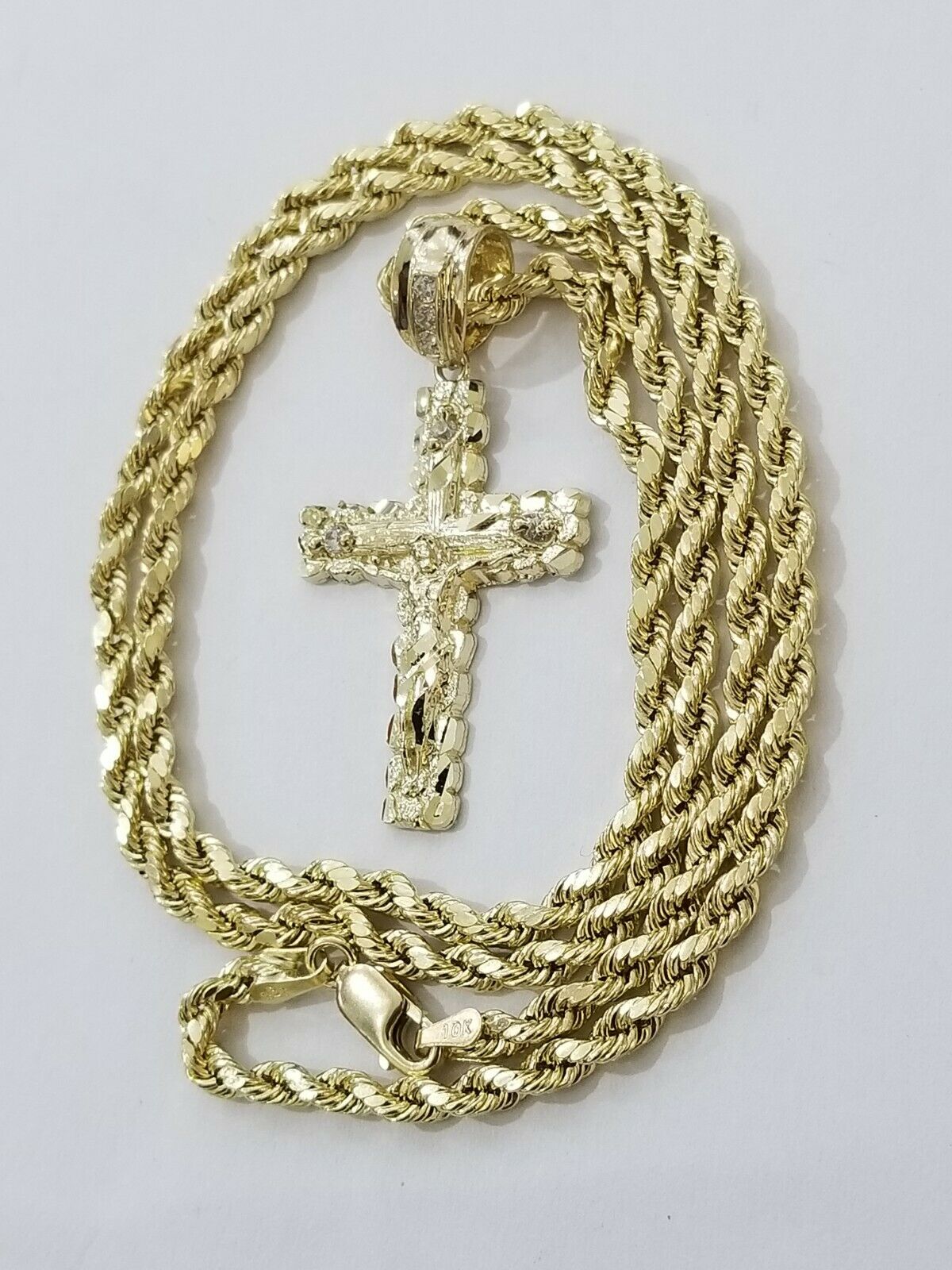 REAL 10k Rope Chain And Cross Charm Pendant 3mm Necklace Jesus Cross Set 16