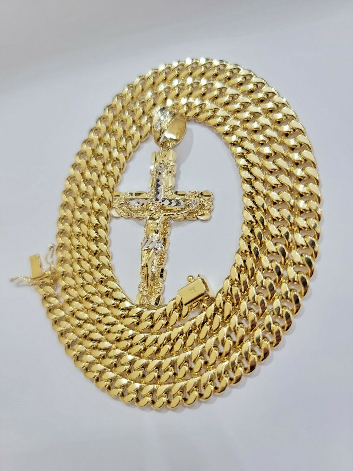 Real 14k Gold Chain Cross Pendant Necklace SET Miami Cuban Link 7mm 22"-28" 14kt