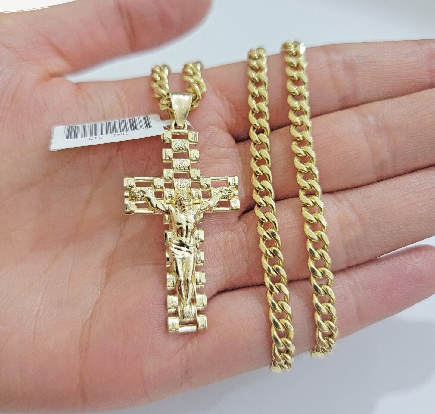 REAL 10k Yellow Gold Chain Cross Pendant Set Miami Cuban Link Necklace 5mm 18-28