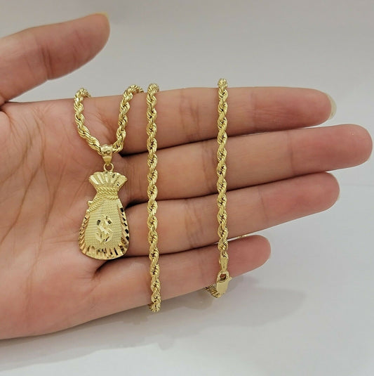 REAL 10k Gold Rope Chain Charm Pendant SET 3mm Necklace 18-28" Money Dollar Bag