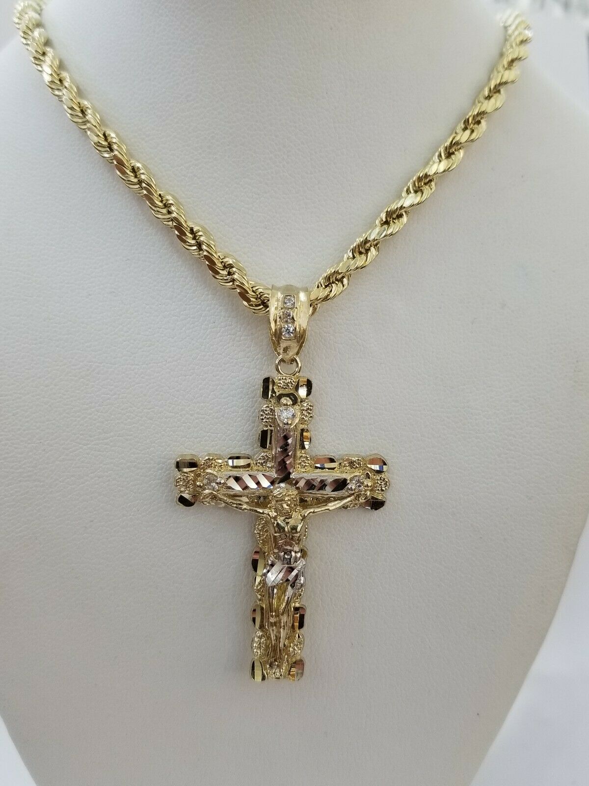 10k Yellow Gold Rope Chain With Cross Charm Pendant Set REAL 10KT 4mm Necklace