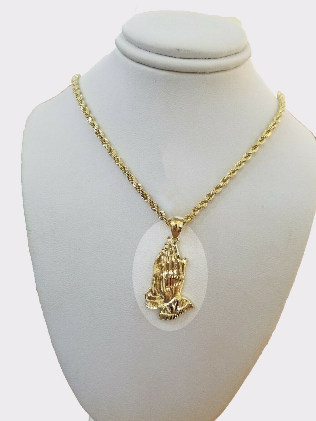 Real 10k Yellow Gold Chain & Charm Praying hand pendant , 24" 3mm Rope Necklace