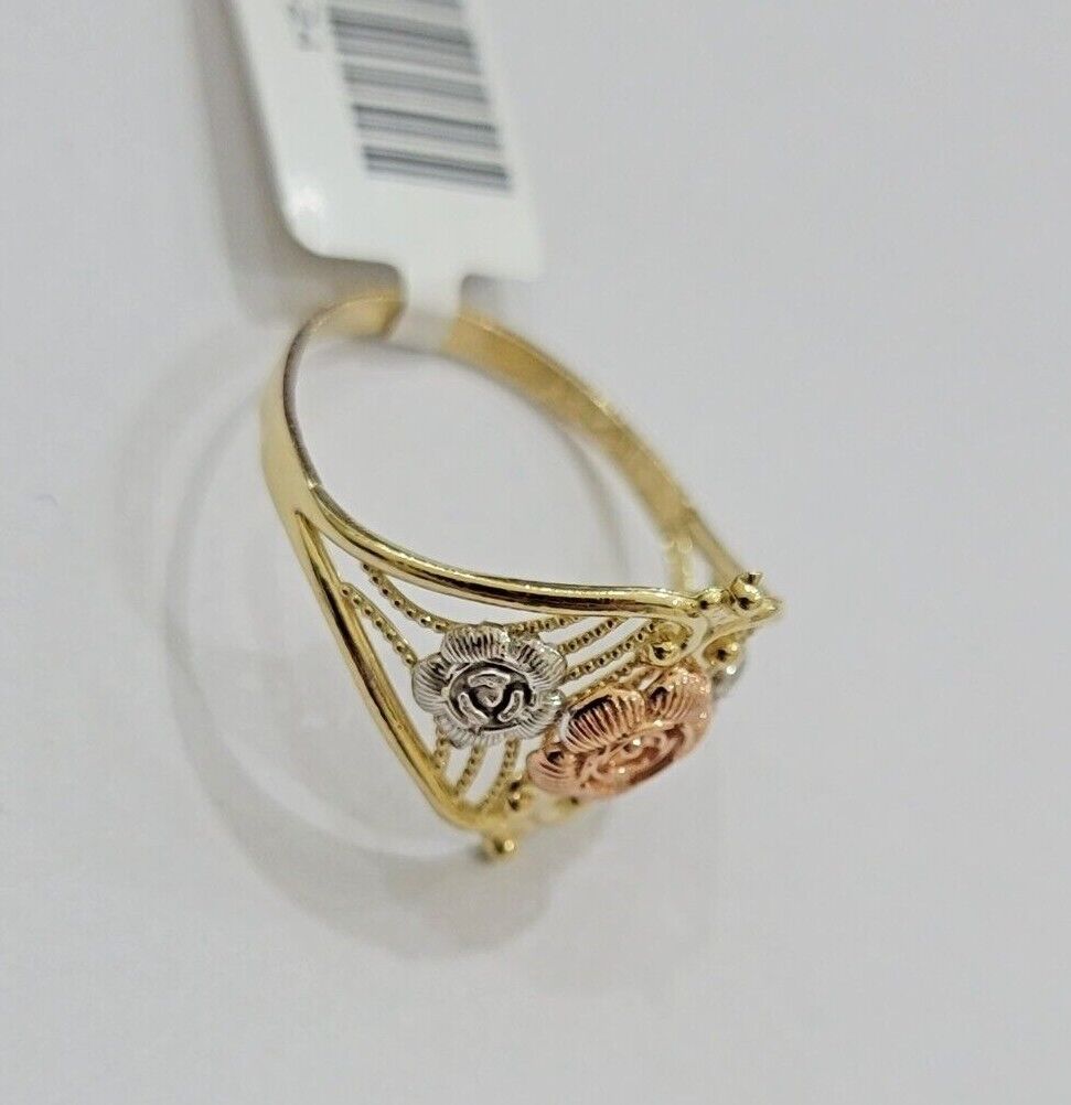 10k Trio Gold Lady Flower Ring Womens Casual Yellow Band Real 10kt Unique Design