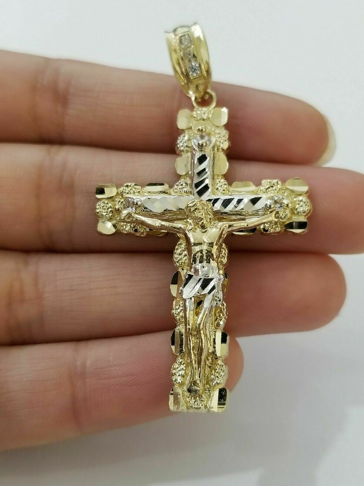 Real 10k Gold Chain Cross SET Miami Cuban Link Necklace 6mm 24" 26" 28" Crucifix