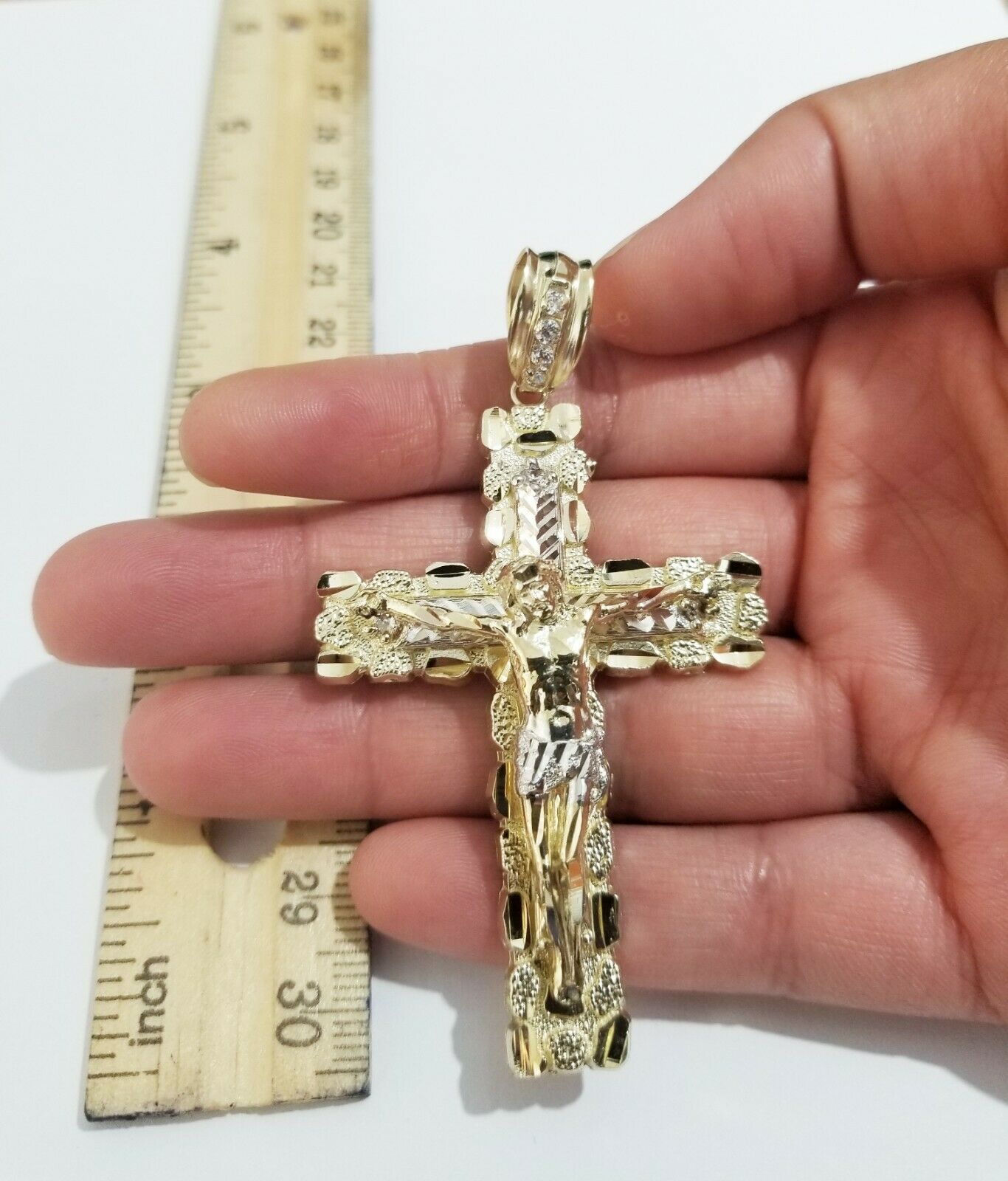 10K Yellow Gold Cross Pendant Men's Jesus Crucifix Charm 3" , fits Thick Chain