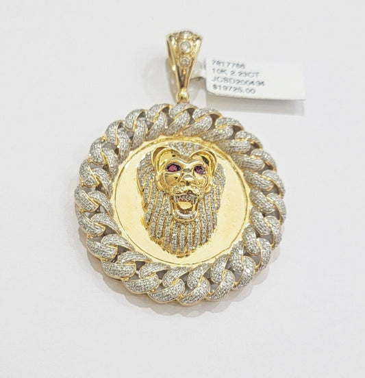 Real Gold Diamond lion head Charm Pendant 10k yellow Gold 2.20 CT Mens 2.3 Inch