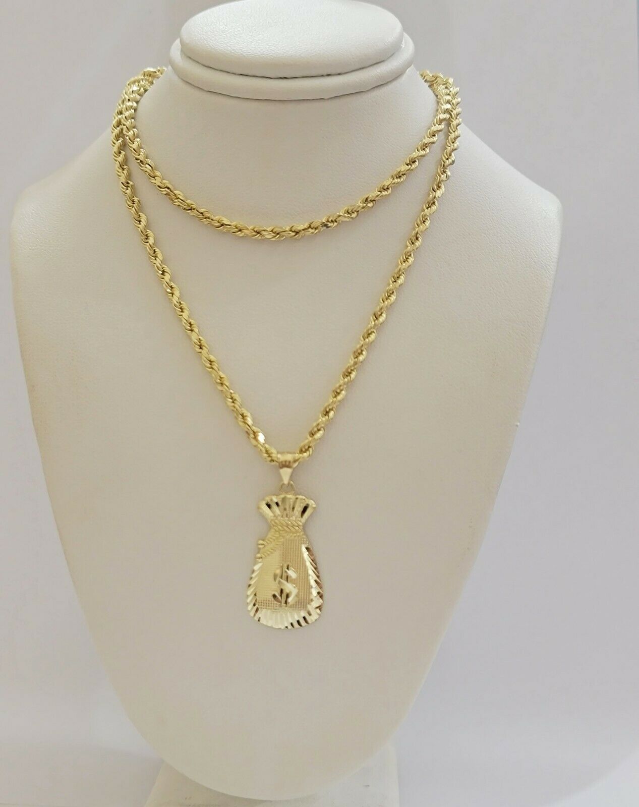 REAL 10k Gold Rope Chain Charm Pendant  SET 3mm Necklace 18-28
