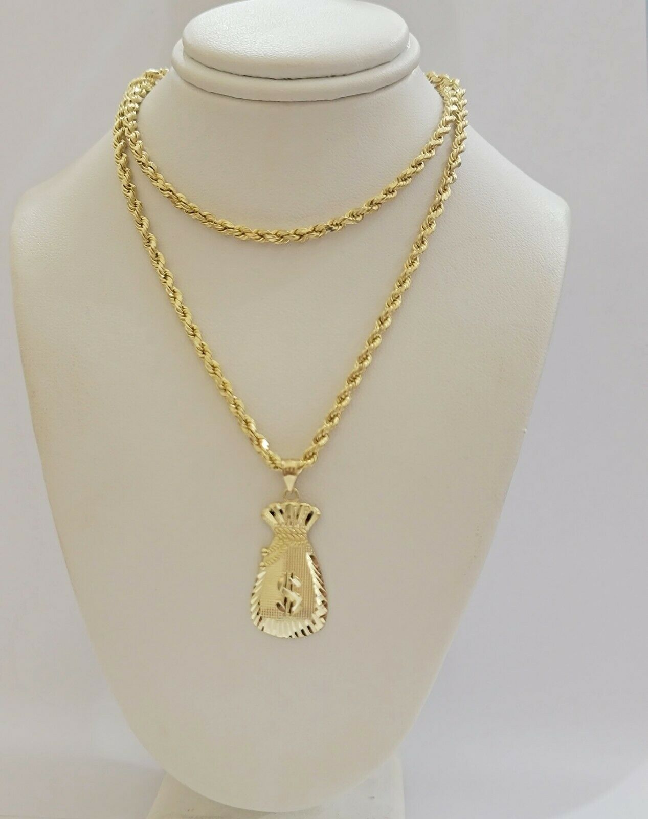 REAL 10k Gold Rope Chain Charm Pendant  SET 3mm Necklace 18-28" Money Dollar Bag