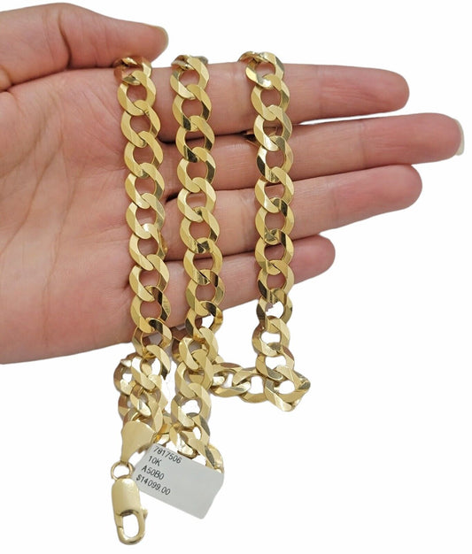 10K Solid Yellow Gold 10mm Cuban Curb Link Chain Necklace 24 Inch Men, Real 10kt