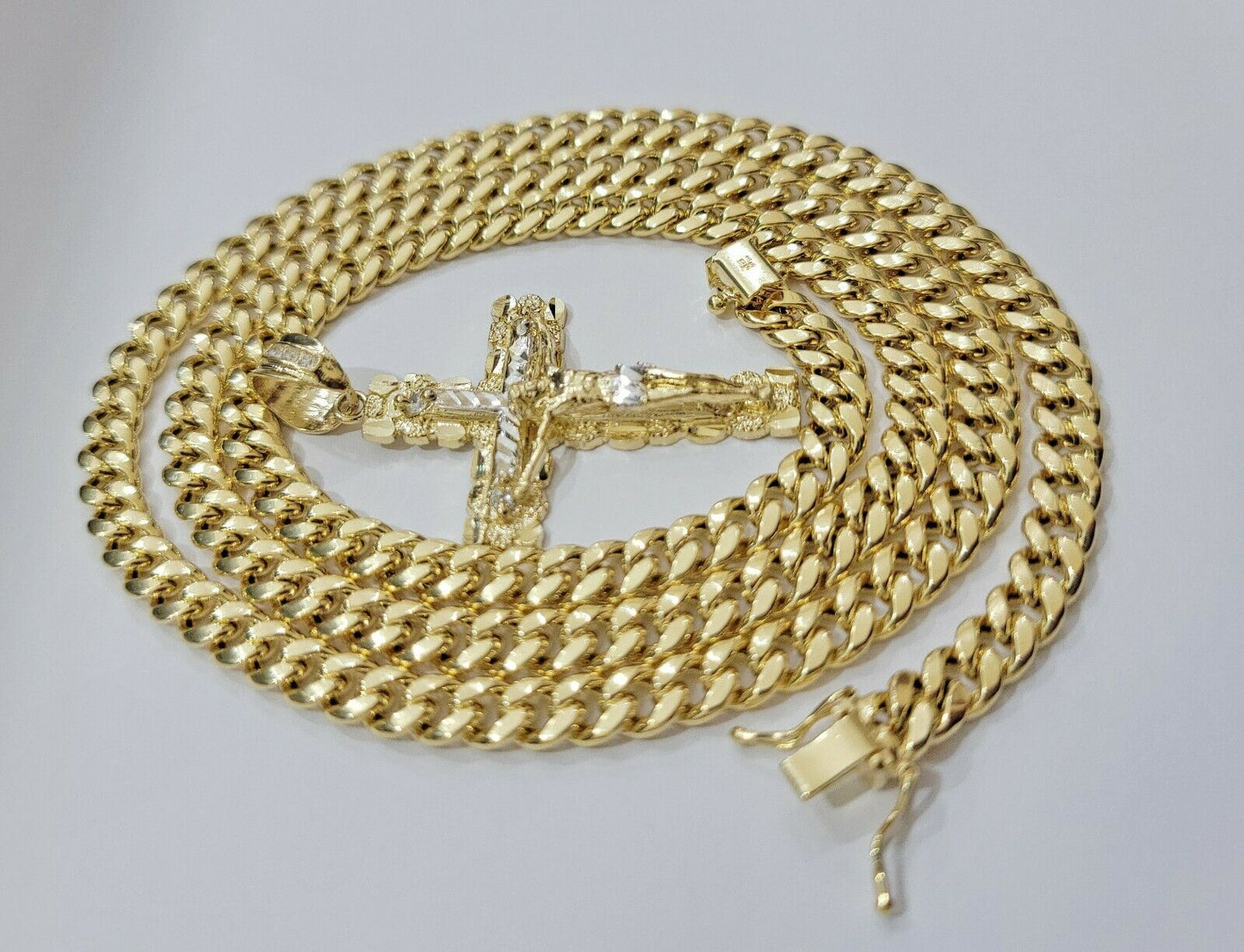 Real 10k Gold Chain Cross SET Miami Cuban Link Necklace 6mm 24" 26" 28" Crucifix