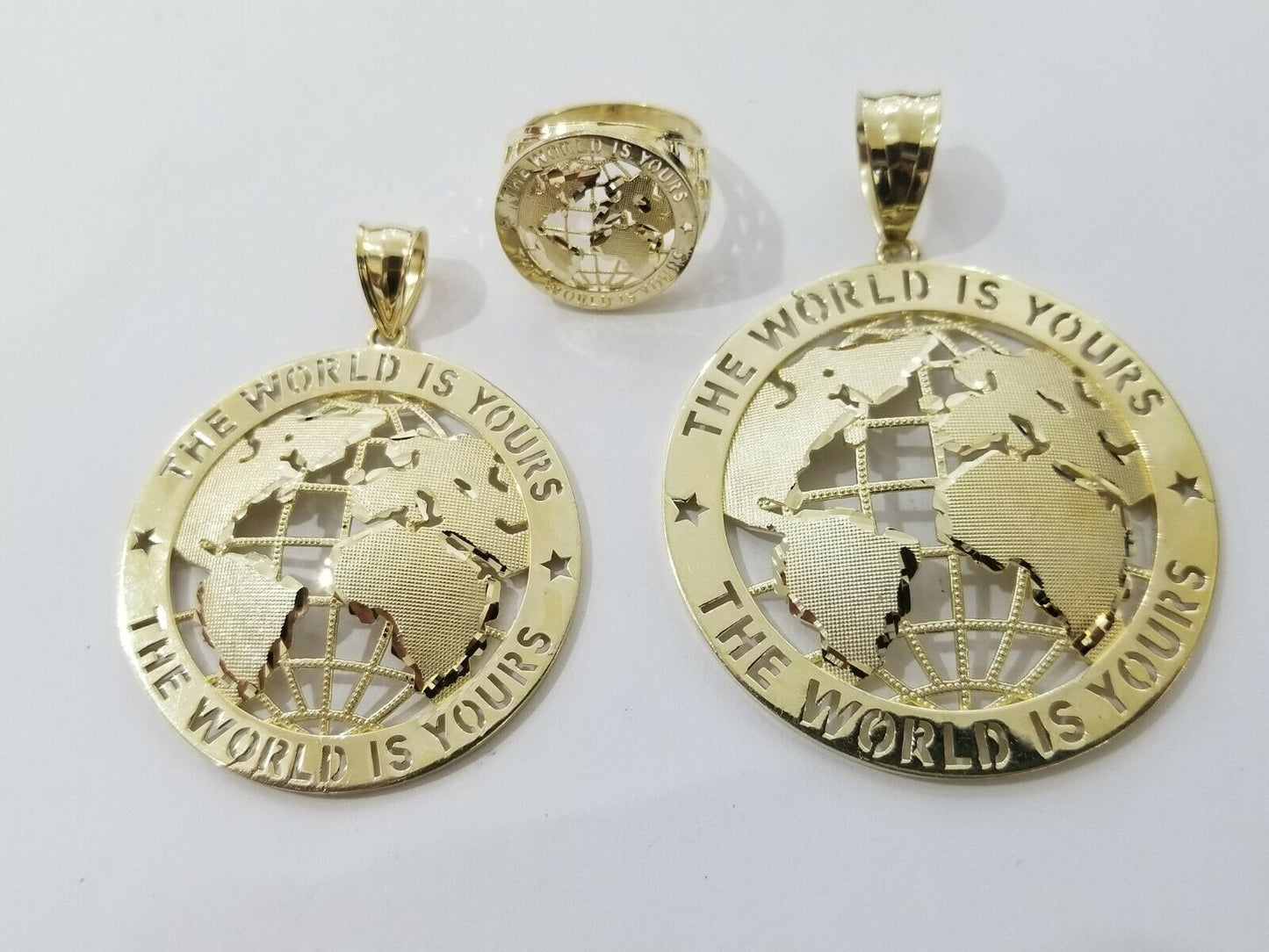 Real 10k Yellow Gold World Map Charm Pendant Ring The World Is Yours Engraved