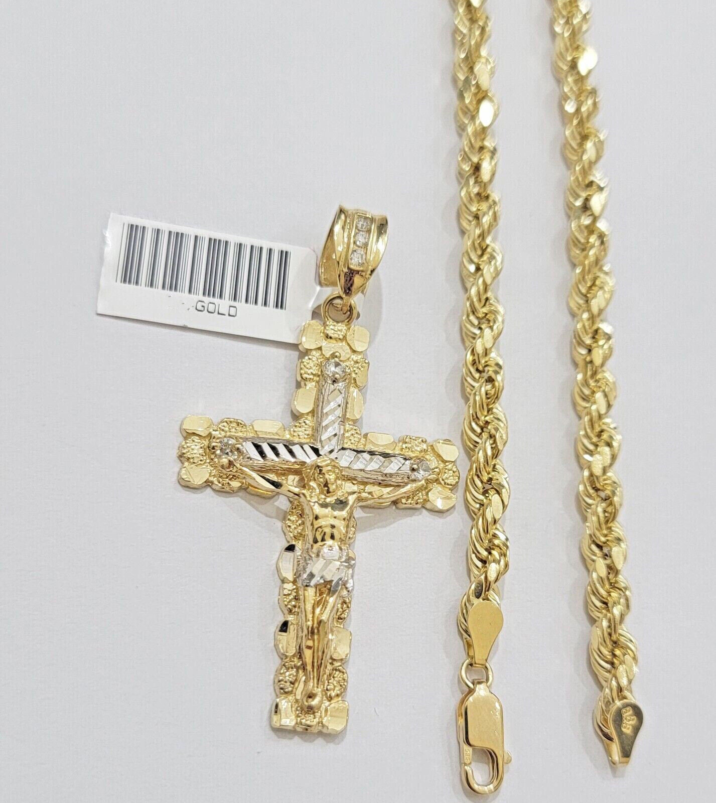Real 10k Gold Rope 24 inch Chain Jesus Cross Charm Pendant Set 5mm Necklace Mens