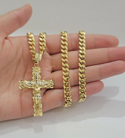 Real 14k Gold Chain Cross Pendant Necklace SET Miami Cuban Link 7mm 22"-28" 14kt