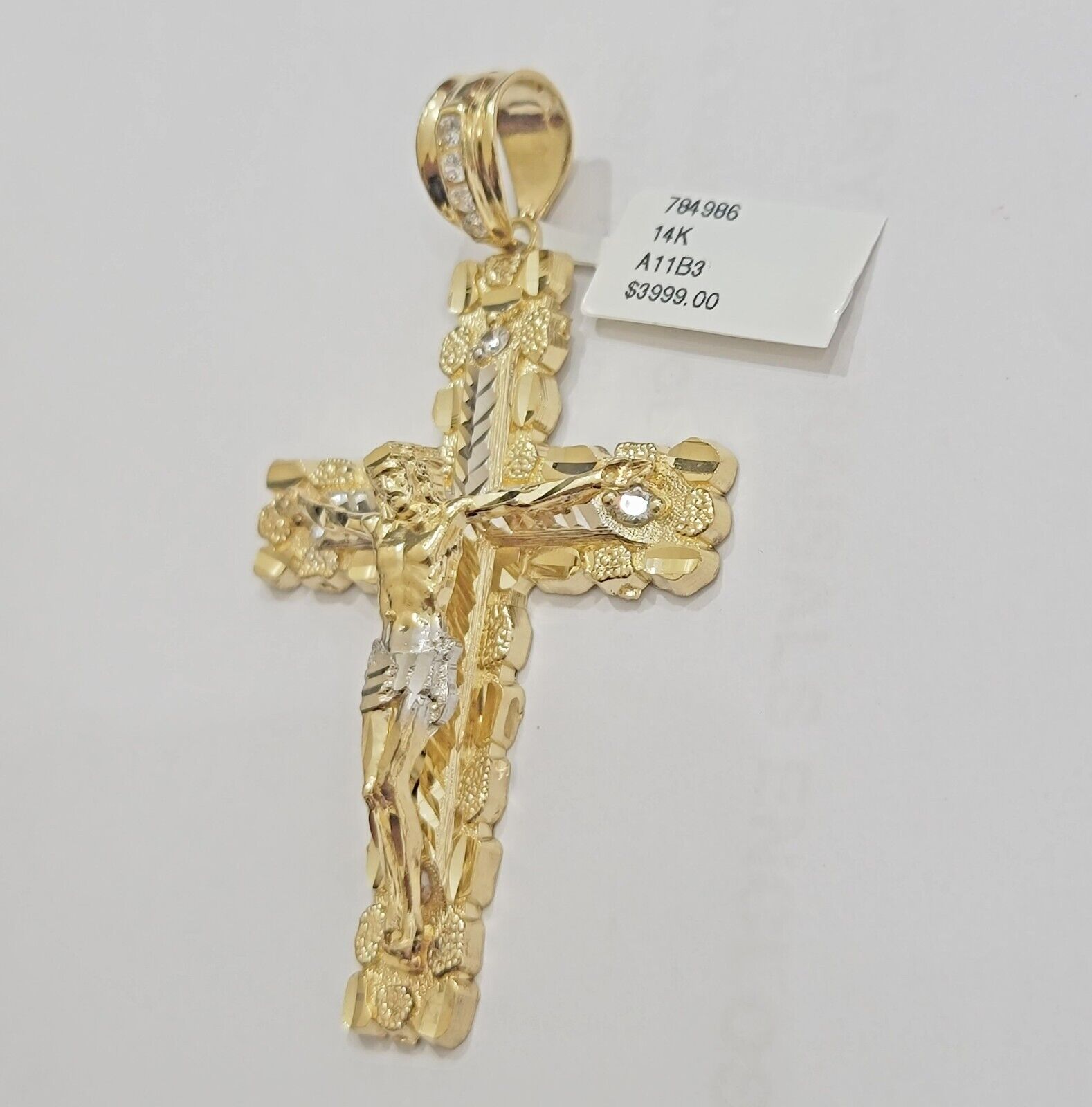 14k Yellow Gold Cross Nugget Pendant Jesus Crucifix 3 Inch 14kt Gold Men's REAL