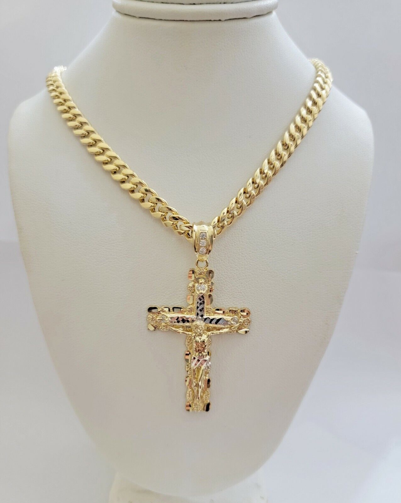 14k Gold Chain Cross SET Miami Cuban Link Necklace 7.5mm 22"- 28" ,Charm Pendant