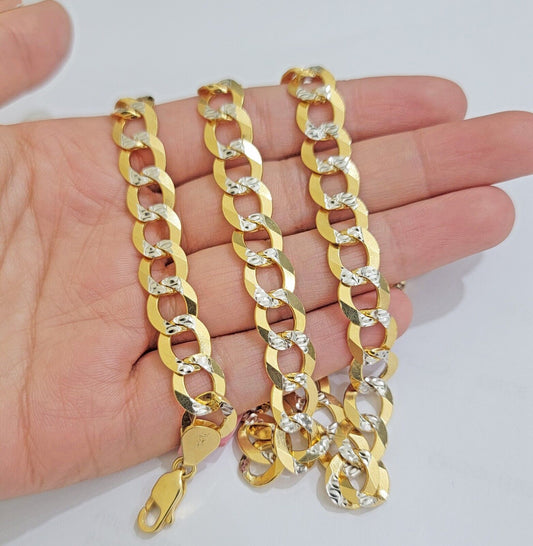 Real 14k Yellow Gold Chain Necklace Two-tone Cuban Curb Link 9.5mm 28 inch SOLID