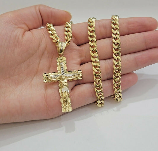 Real 14k Gold Chain Cross Pendant Necklace SET Miami Cuban Link 7mm 22"-28" 14kt