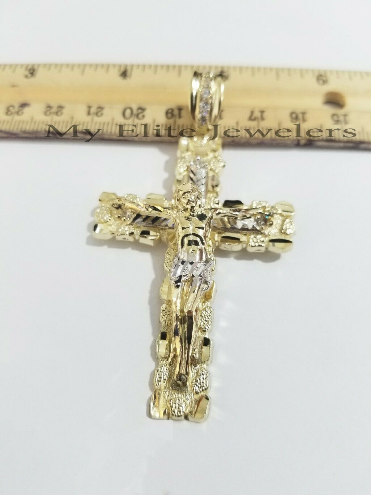 10K Yellow Gold Cross Pendant Men's Jesus Crucifix Charm 3" , fits Thick Chain