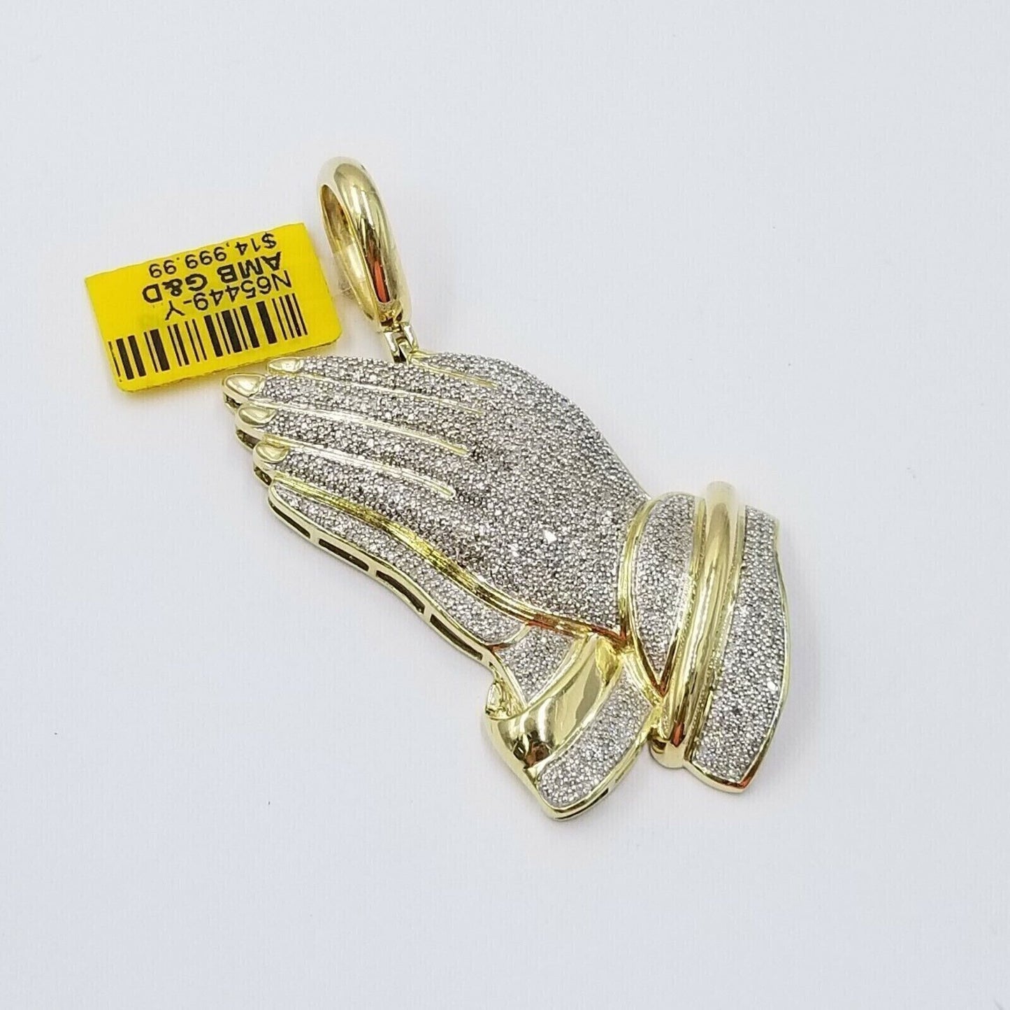 Real Diamonds Praying hand Charm Pendant 1.40CT, 2.4 Inch ,10KT Real Yellow Gold