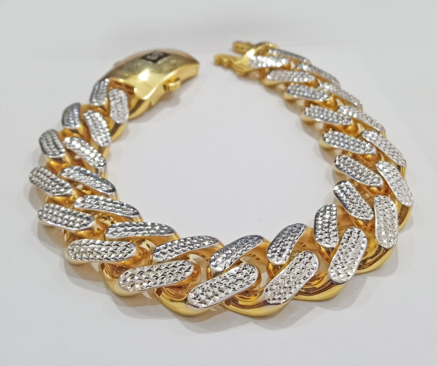 Real 10k Gold Monaco Bracelet 17mm 9" Two-tone Diamond Cut 10kt Royal Cuban link