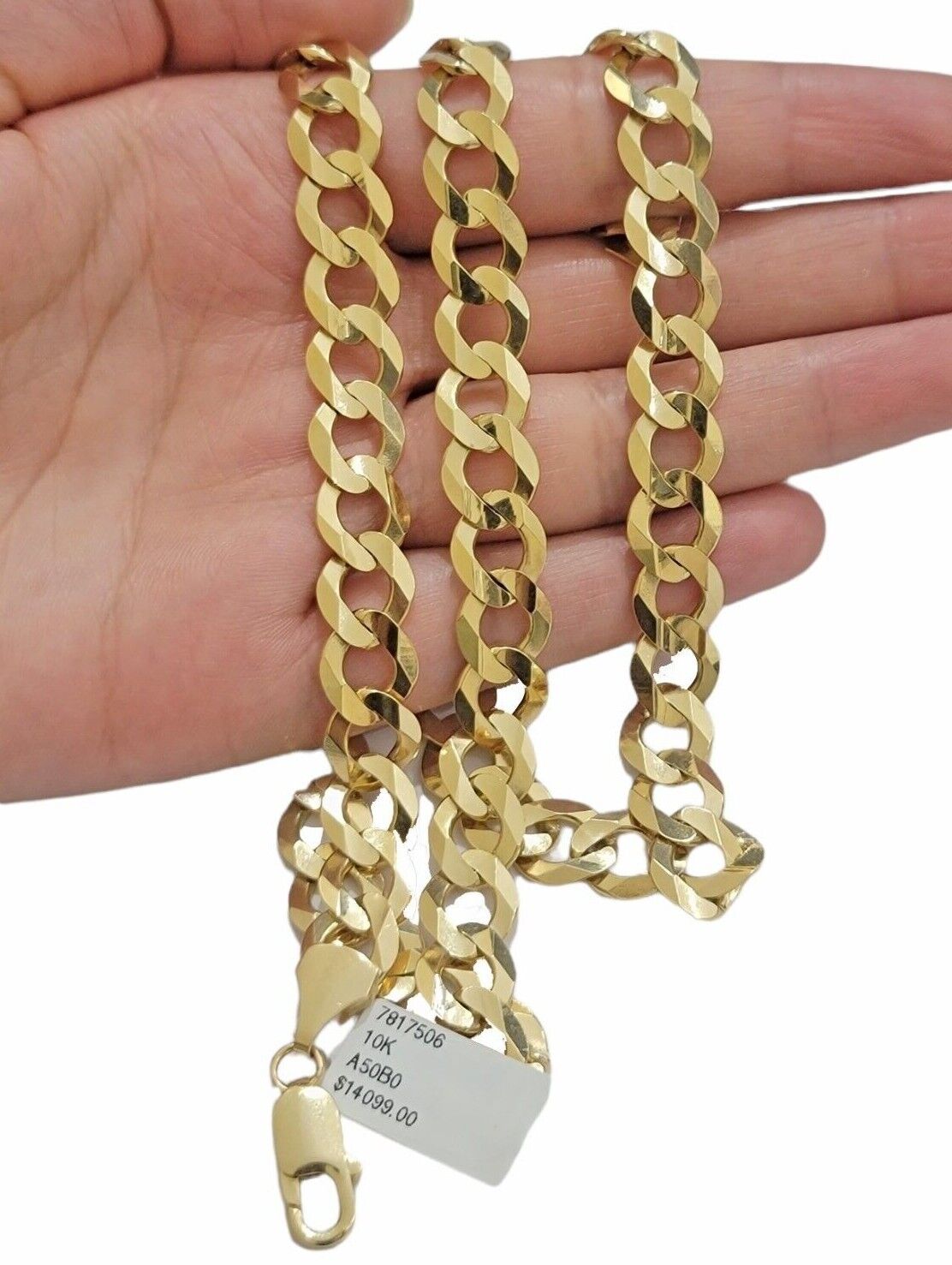 Solid 10K Yellow Gold Cuban Curb Link Chain Necklace 10mm 28 Inch Men, Real 10kt