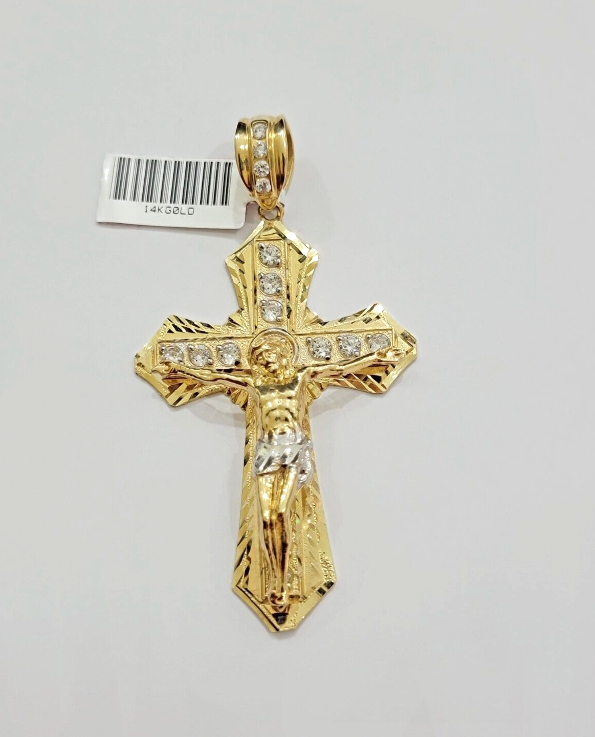 14k Yellow Gold Cross Jesus Crucifix Pendant 3 Inch 14kt CZ Charm Mens REAL 14kt