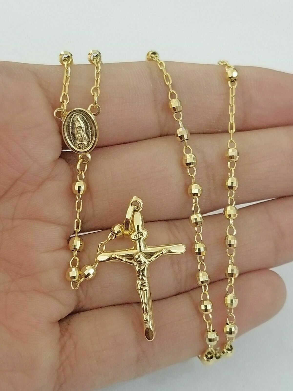 14k Gold Rosary Necklace 18"-24" REAL 14KT Yellow Gold Jesus Cross Chain Pendant