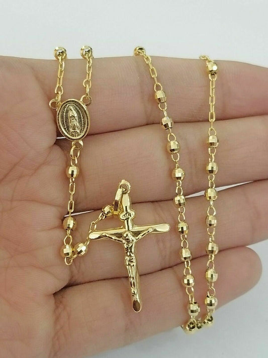 14k Gold Rosary Necklace 18"-24" REAL 14KT Yellow Gold Jesus Cross Chain Pendant