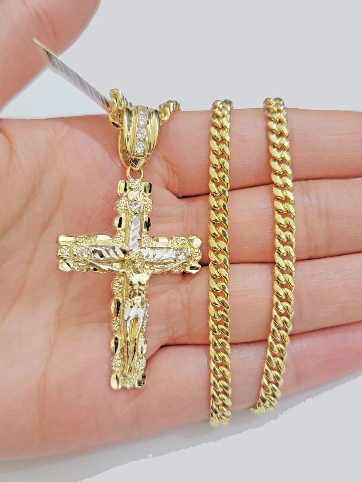 Real 10k Gold Nugget Cross Charm pendant Cuban Link Chain Necklace 5mm 24" Set