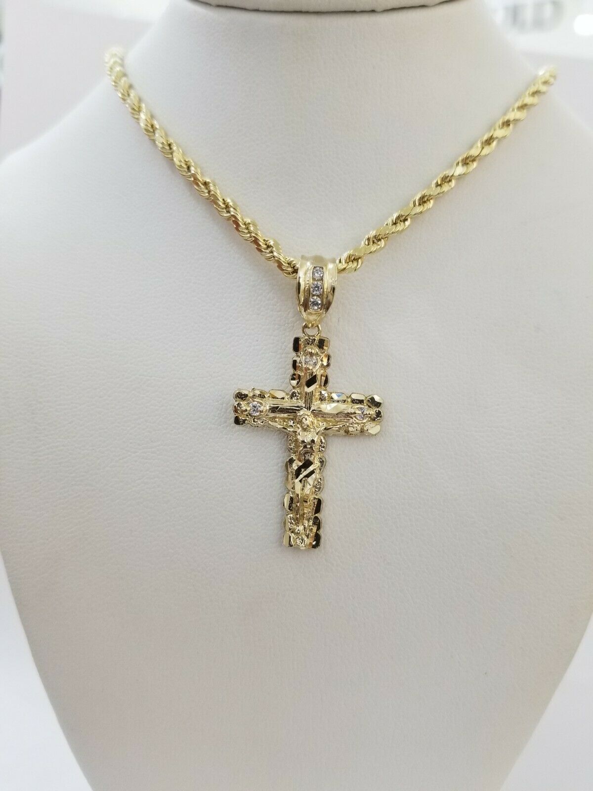 REAL 10k Rope Chain And Cross Charm Pendant 3mm Necklace Jesus Cross Set 16