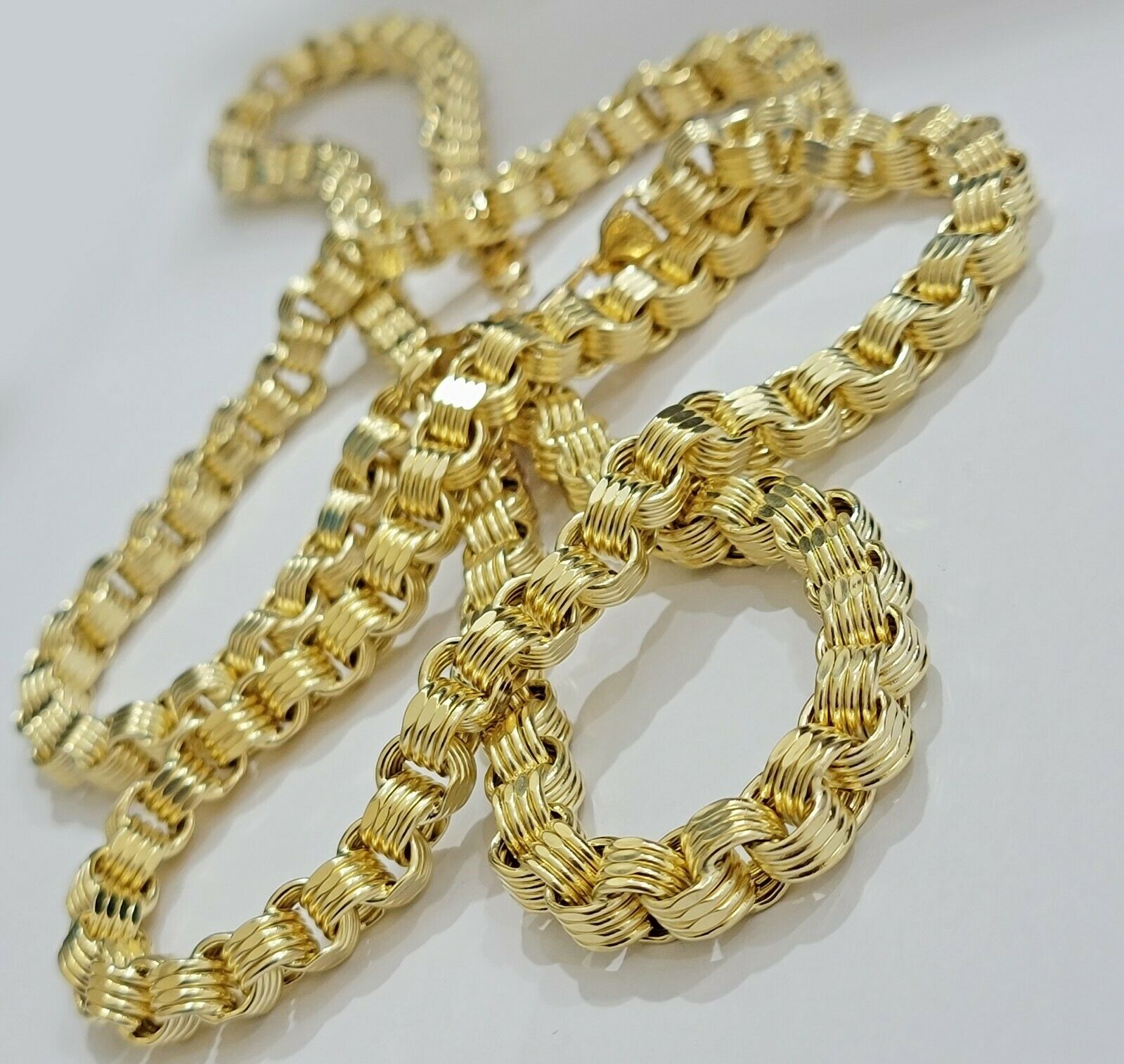 Real 10k Gold Byzantine Chain Necklace 8mm 30" Long 10kt Yellow Gold,Thick shiny