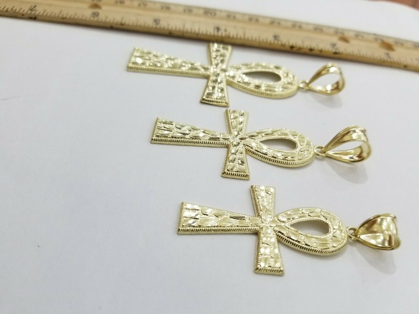 Real Gold Ankh Cross Charm Pendant 10k Yellow Gold Nugget Diamond Cuts Men Women