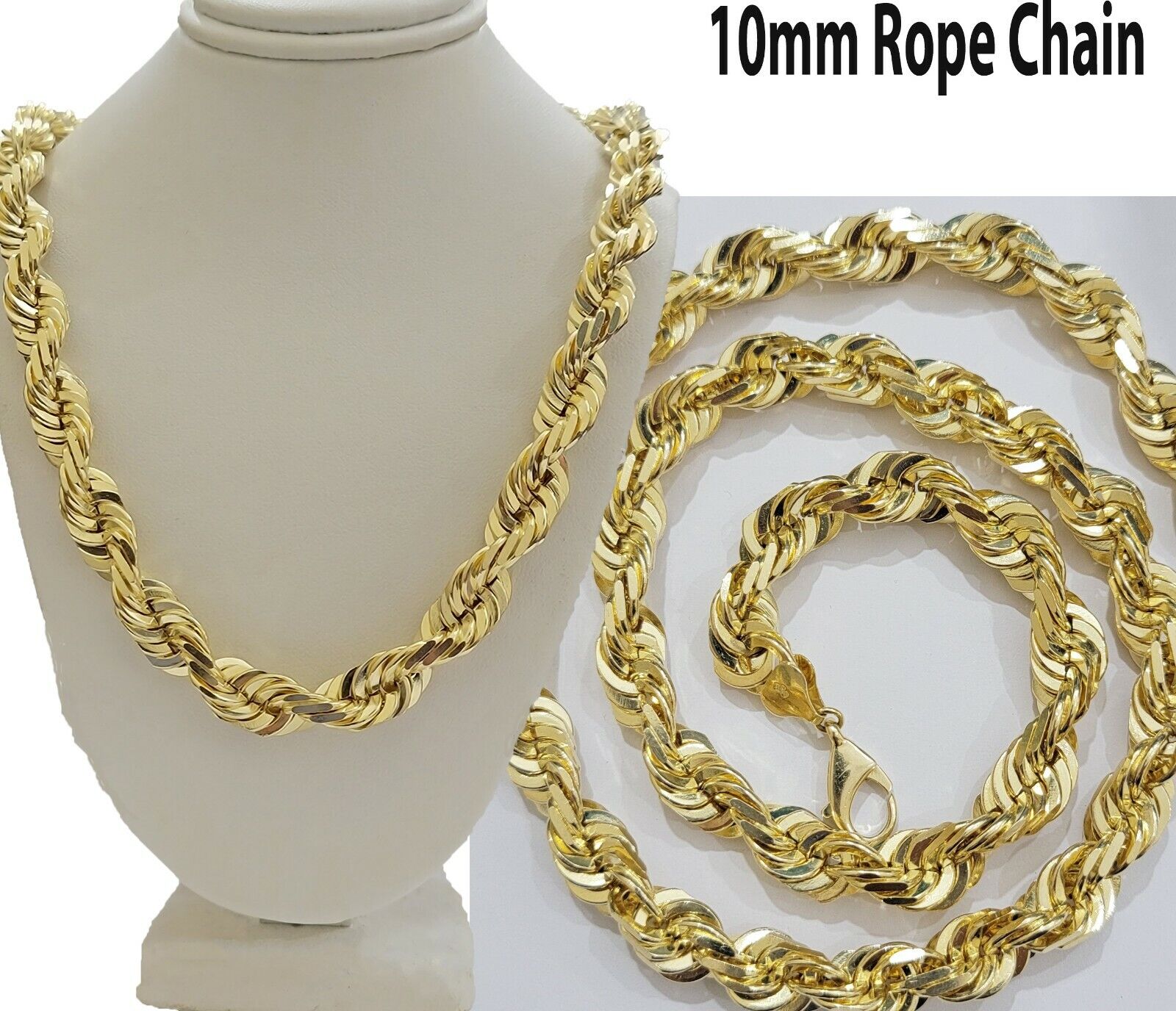 10mm Rope Chain Necklace 10k Yellow Gold 24 Inch Diamond Cut Men's REAL 10kt