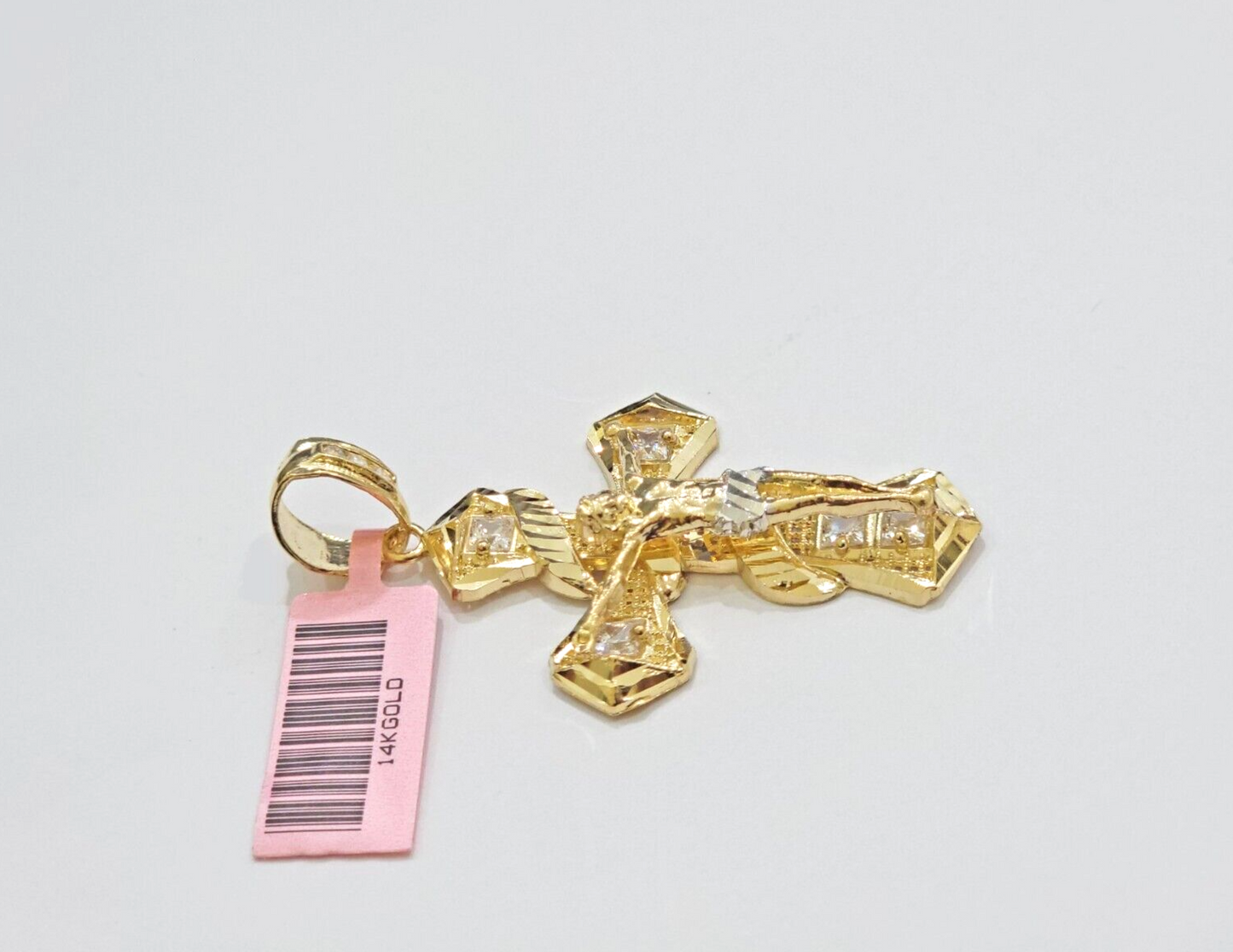 14k Yellow Gold Cross Charm Jesus Pendant 2 Inch CZ Crucifix For Chain 14kt SALE
