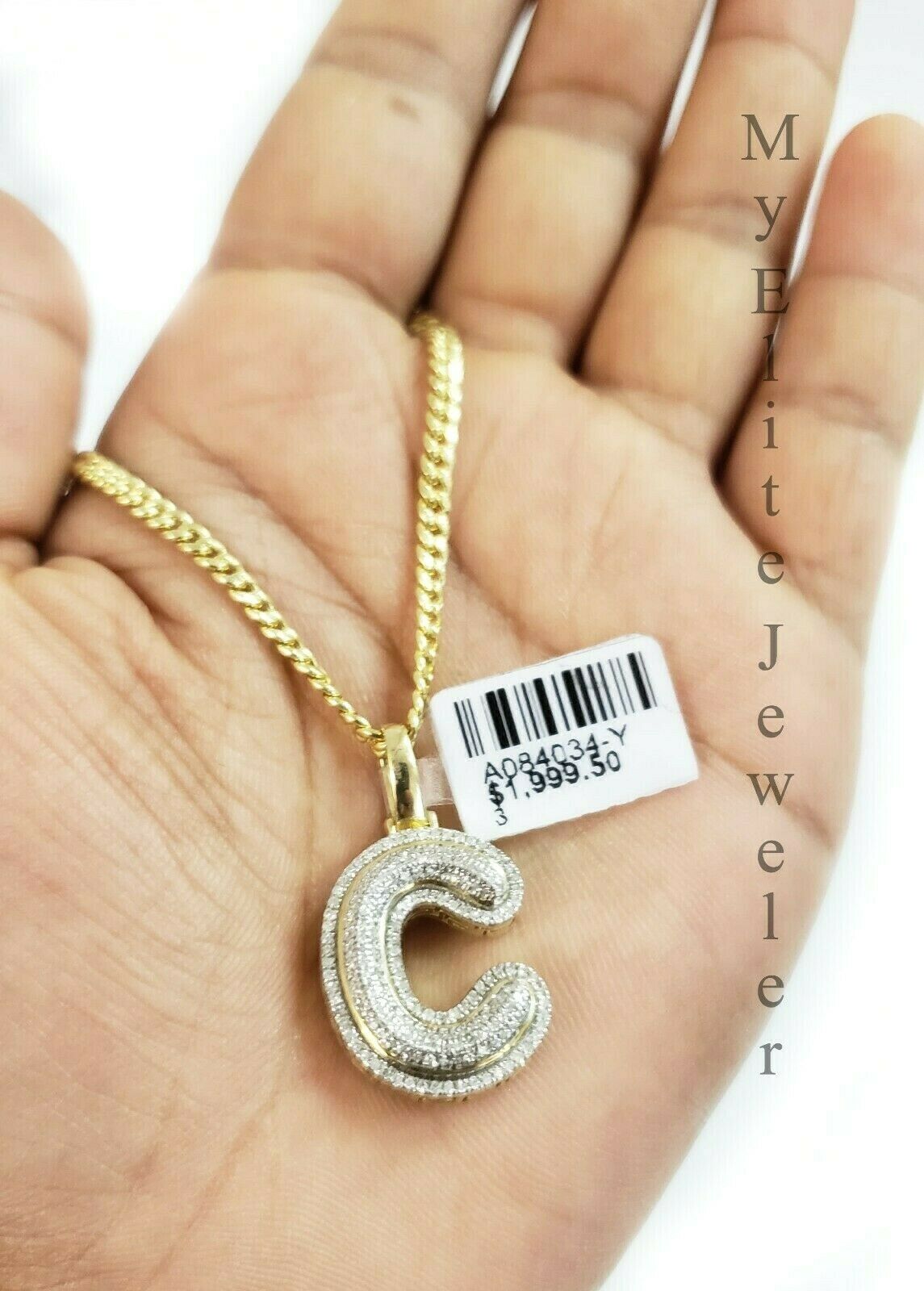 Men & Women 10K 3mm Chain with Solid 0.32 CT Diamond Initial 'C' Charm Alphabet