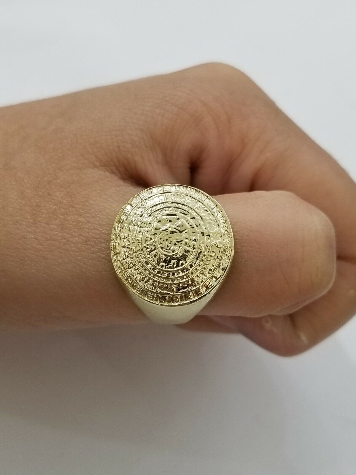 Mens Ring Solid 10k Yellow Gold Aztec Mayan Sun Calendar 10 KT  REAL Gold Unique