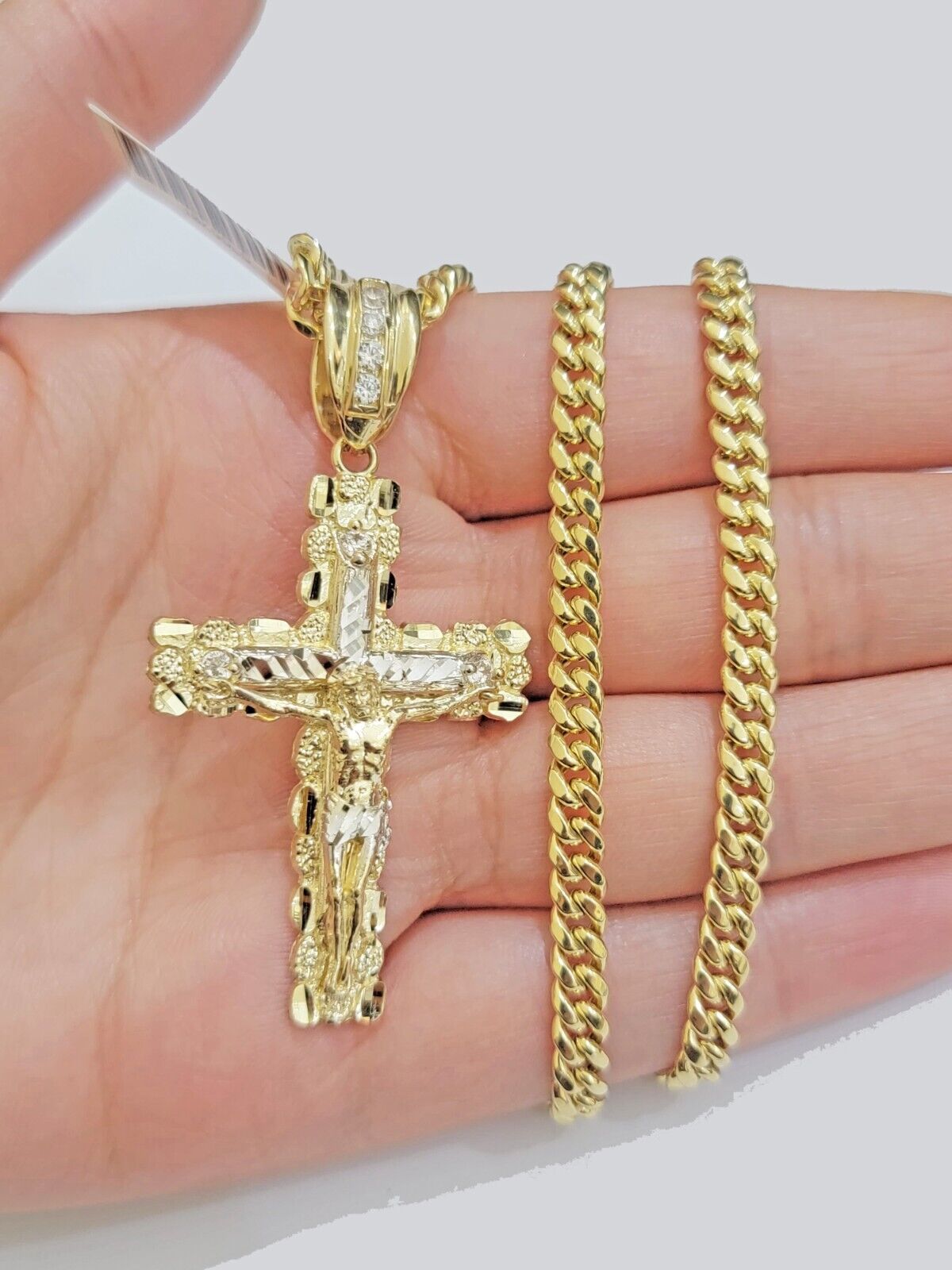 Real 14k Gold Nugget Cross pendant Cuban Link Chain 4.5mm 24" Necklace Charm Set