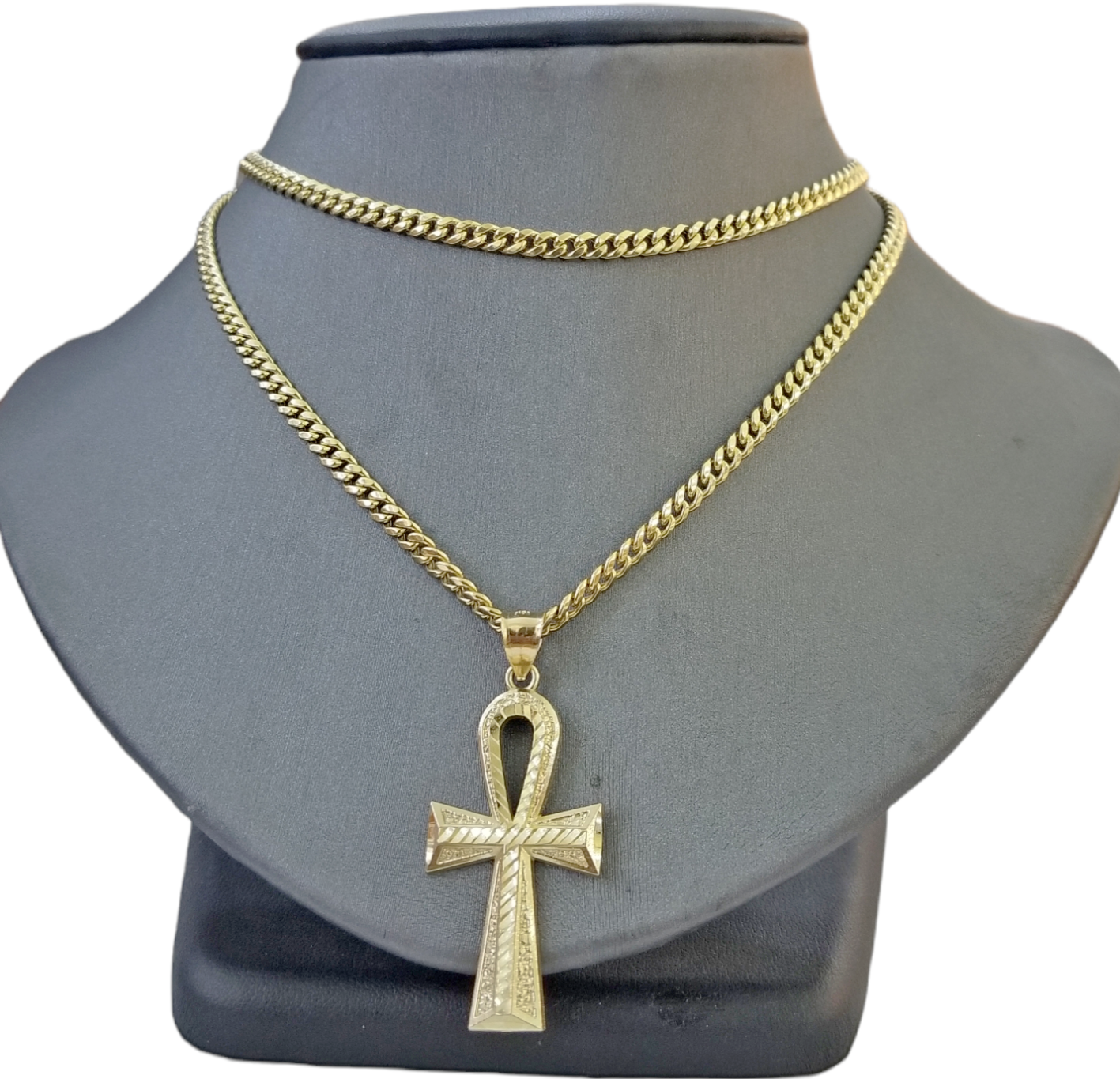 Real 10k Yellow Gold Ankh charm pendant 2.2 Inches Diamond Cuts Charm for Chains