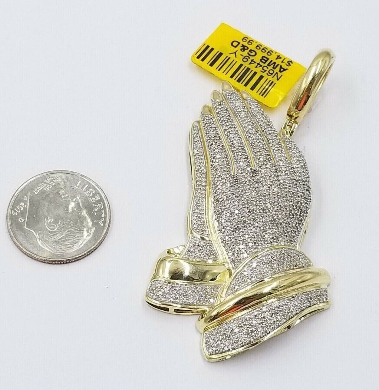 Real Diamonds Praying hand Charm Pendant 1.40CT, 2.4 Inch ,10KT Real Yellow Gold