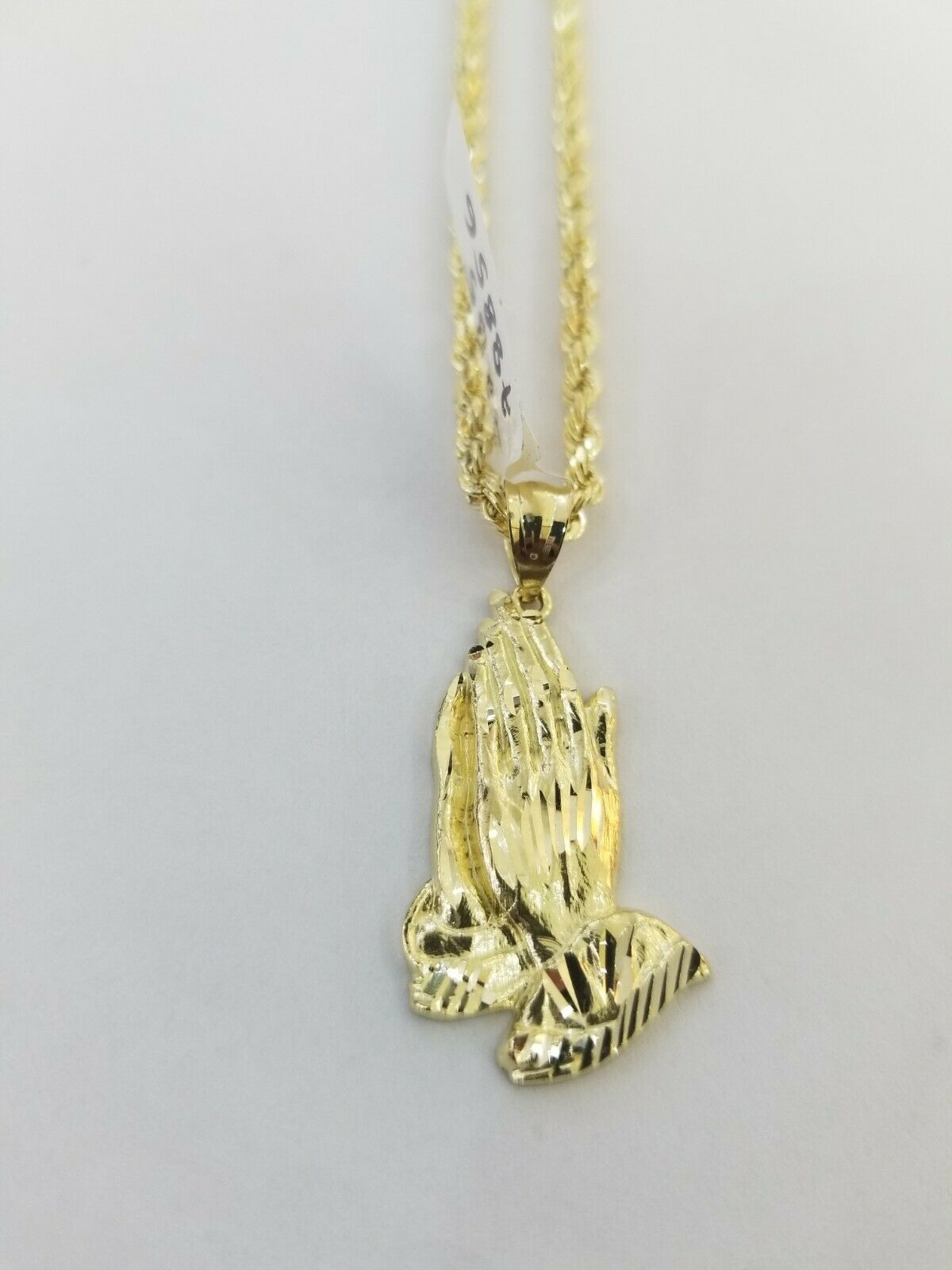 Real 10k Yellow Gold Chain & Charm Praying hand pendant , 22" 3mm Rope Necklace