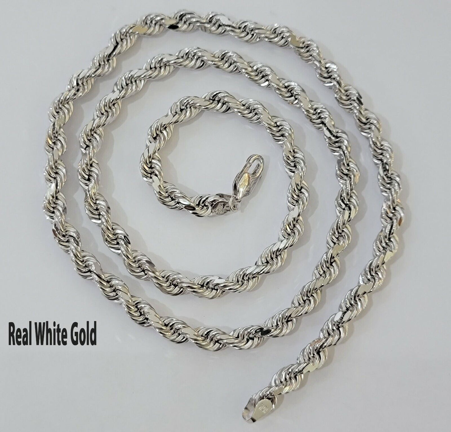 Real  10k White Gold Rope Chain Necklace Solid 6mm  22"  Diamond Cuts Men's 10KT