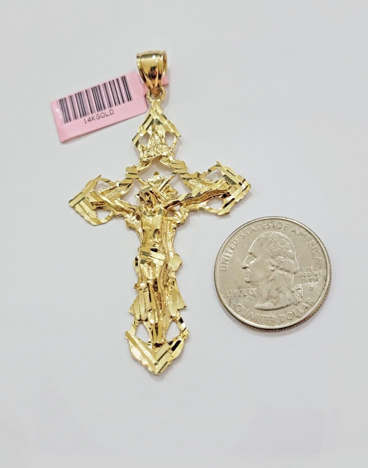 14k Yellow Gold Jesus Cross Charm Pendant 3 Inches Crucifix Chain Necklace SALE