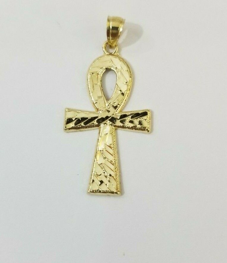 REAL 10k Yellow Gold Rope Chain Ankh Cross Charm Pendant 3mm Necklace Set 16-28"