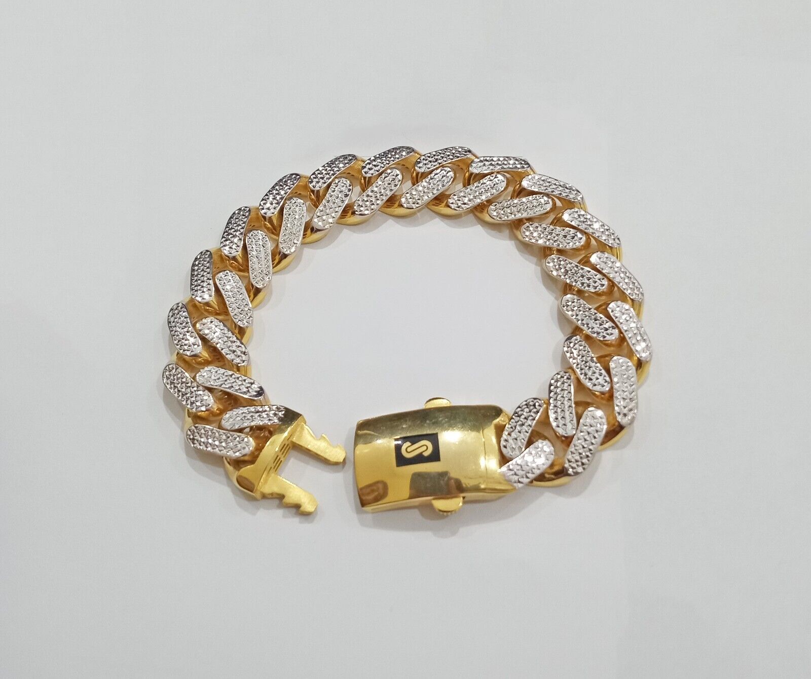 Real 10k Gold Monaco Bracelet 17mm Royal Cuban link 8" Two-tone Diamond Cut 10kt