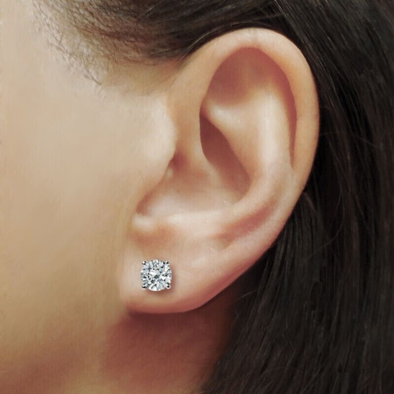 Real 1CT Round Brilliant Cut Diamond Stud Earring In 14K Gold Lab Created VS Dia