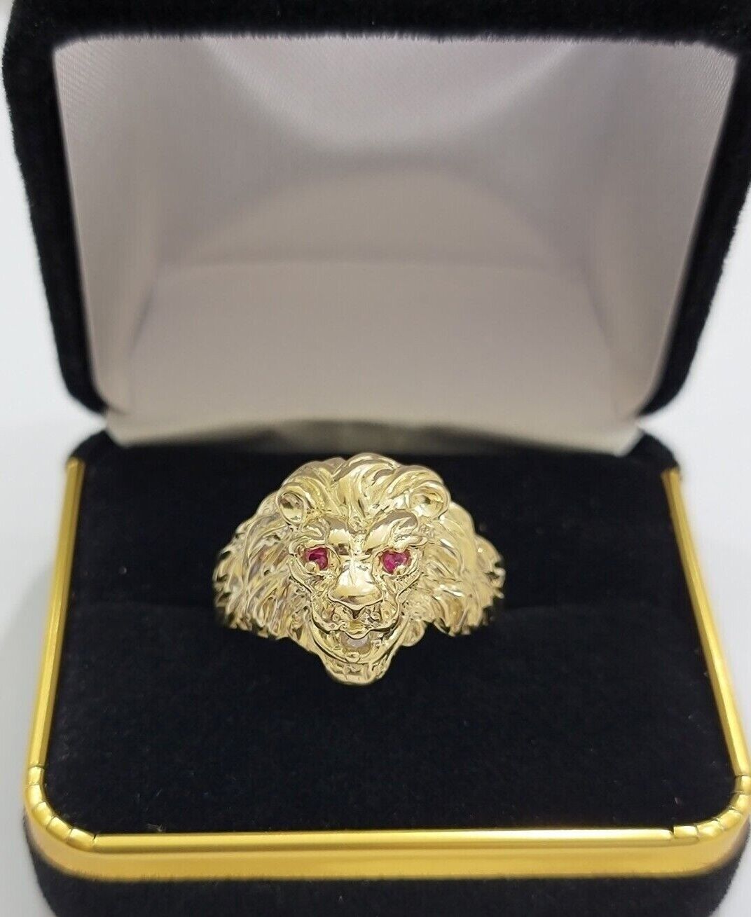 10k Solid Yellow Gold Men's Lion Roaring Ring Casual Style 10kt Red Eye New SALE