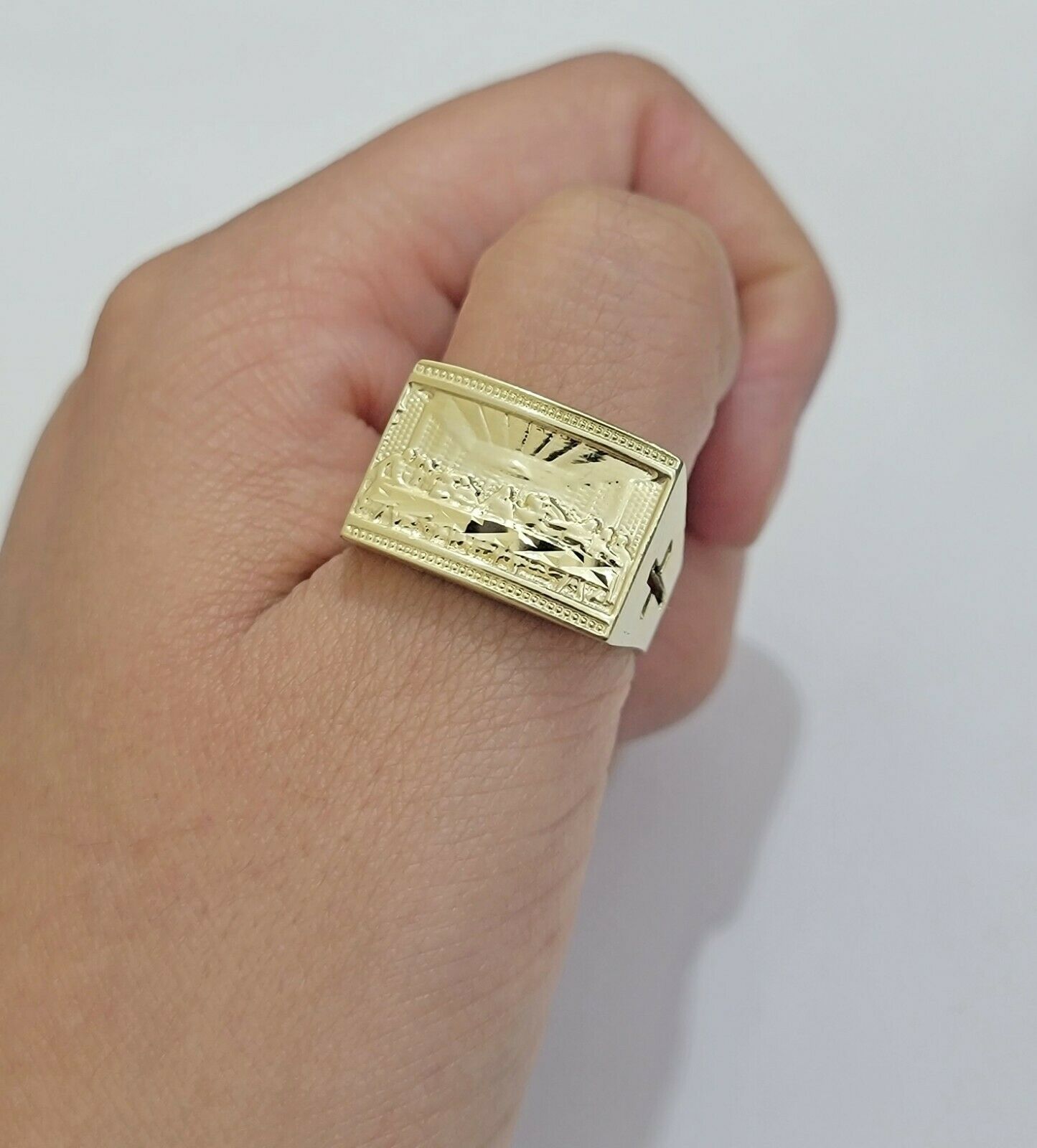 Solid Real Gold Men's Ring Last Supper 10k Yellow Gold Casual,Pinky, Square,10kt