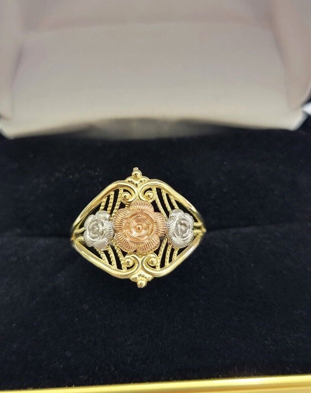 10k Trio Gold Lady Flower Ring Womens Casual Yellow Band Real 10kt Unique Design